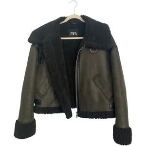 Zara Double Faced Faux Suede Sherpa Lined Jacket Size S Black Cozy Fall Layer